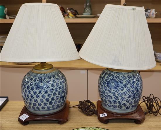 Two Chinese blue and white ginger jars, converted for use as table lamps